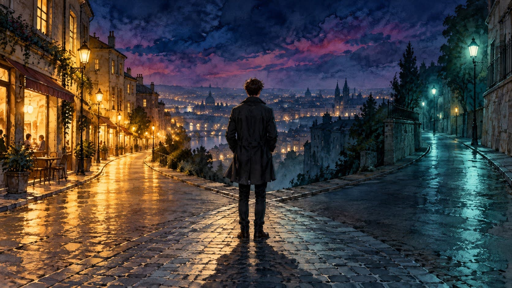 a young man standing still where two city streets split at night, wondering how to make a hard decision