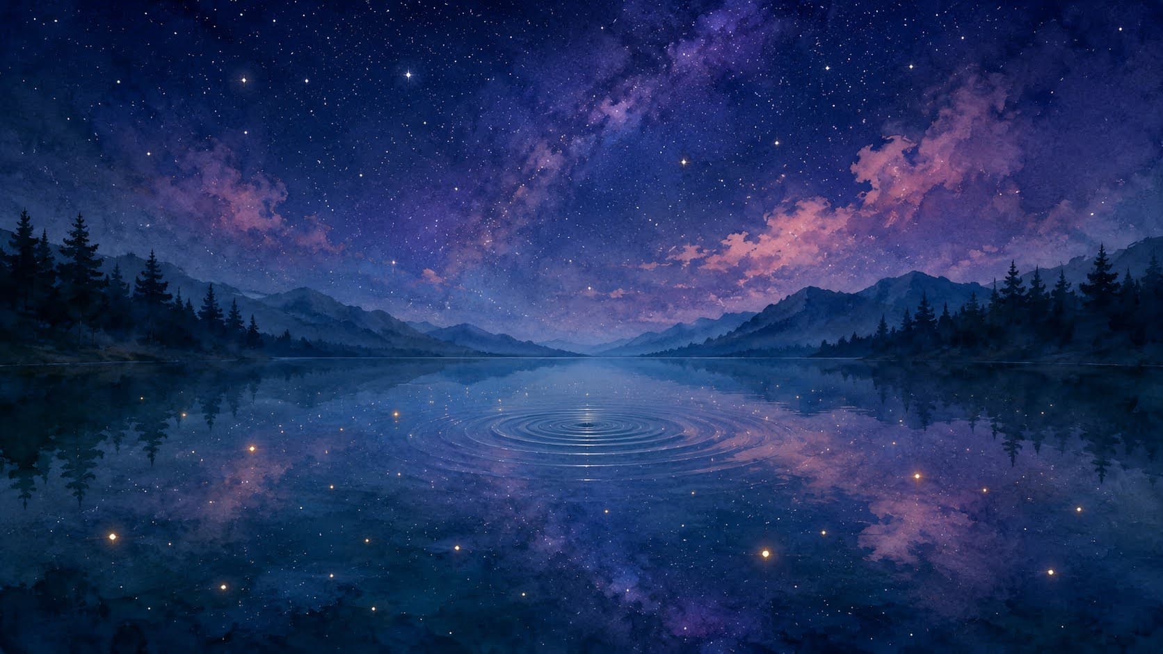 a still night lake reflecting a starry sky, the quiet mood of a Vietnamese I Ching reading