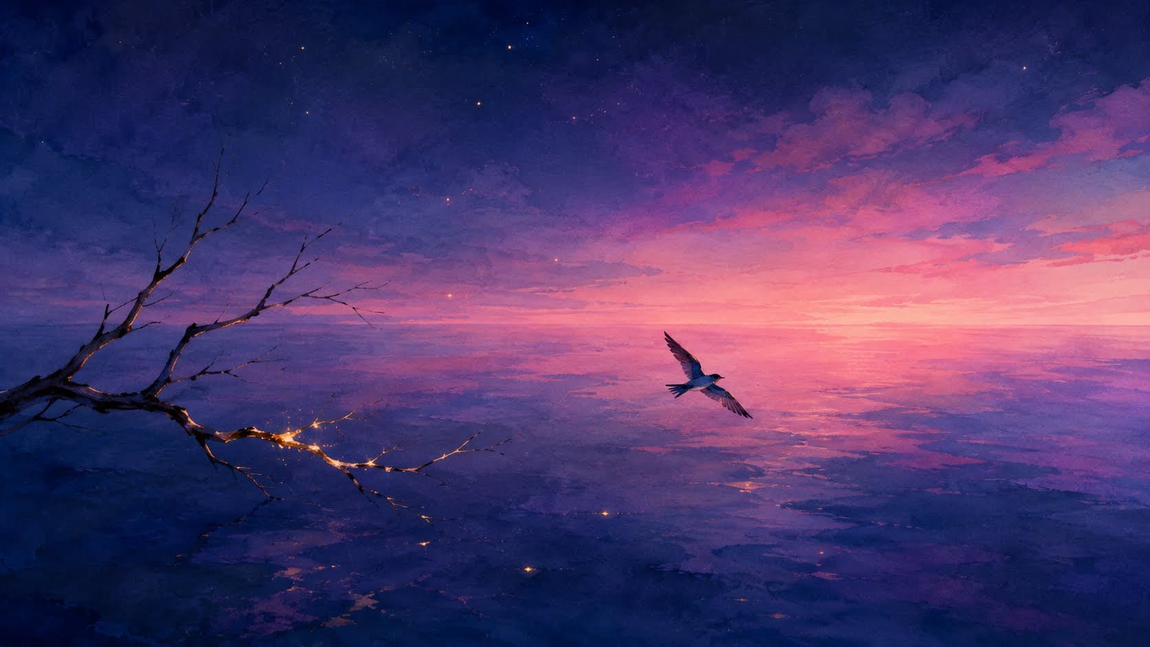 a small bird flying over wide water at dusk, an image of not knowing when to walk away from a relationship