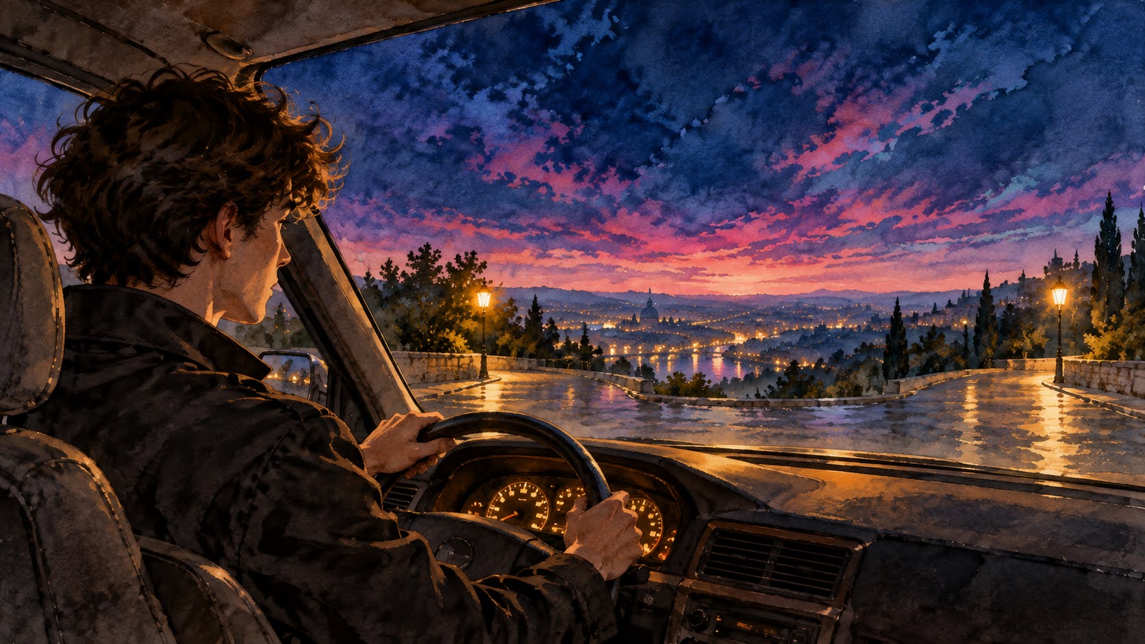 a young man sitting in a parked car at dusk, both hands on the wheel, engine still off
