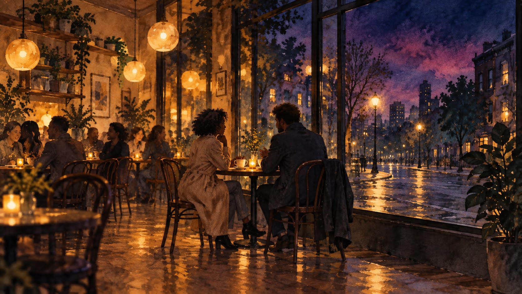 a warm cafe in the early evening, where two people are still in their first few dates