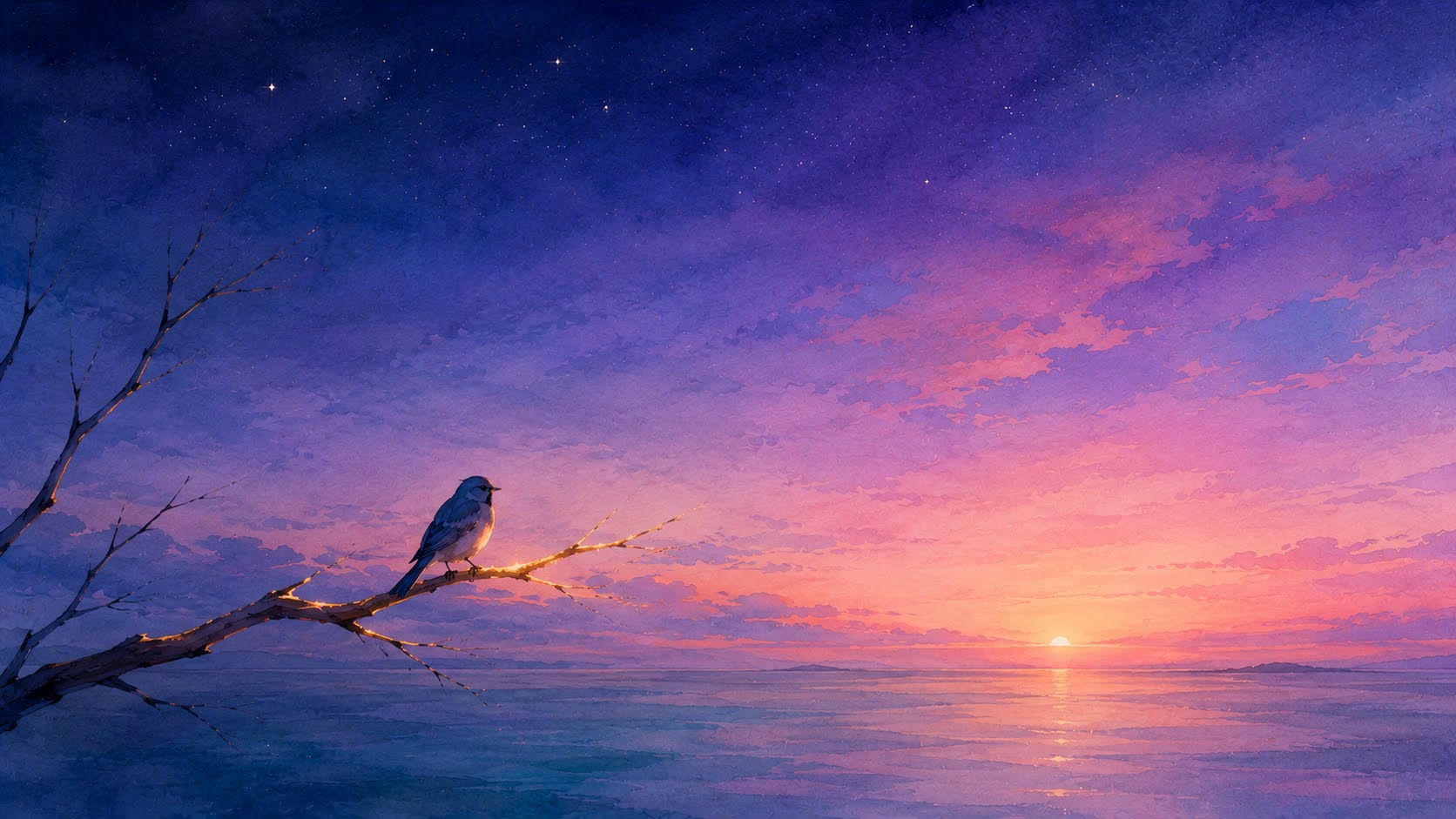 the same bird resting on a branch as dawn breaks, showing that turning back is also a way of flying