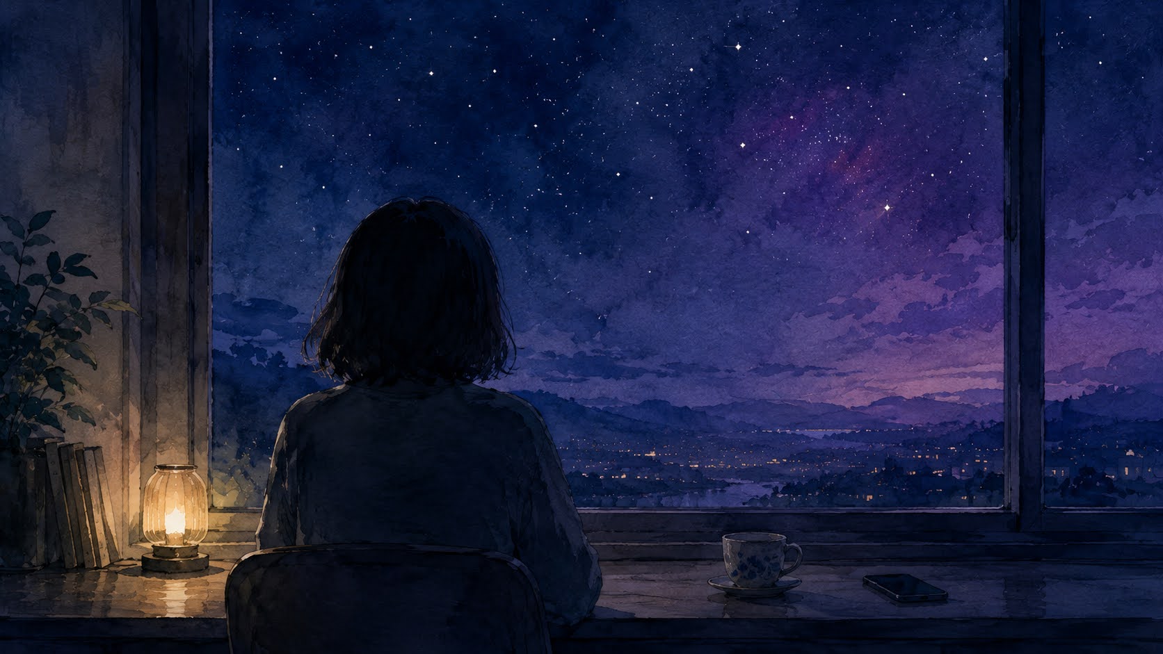 someone sitting alone by a window late at night with a question that will not leave