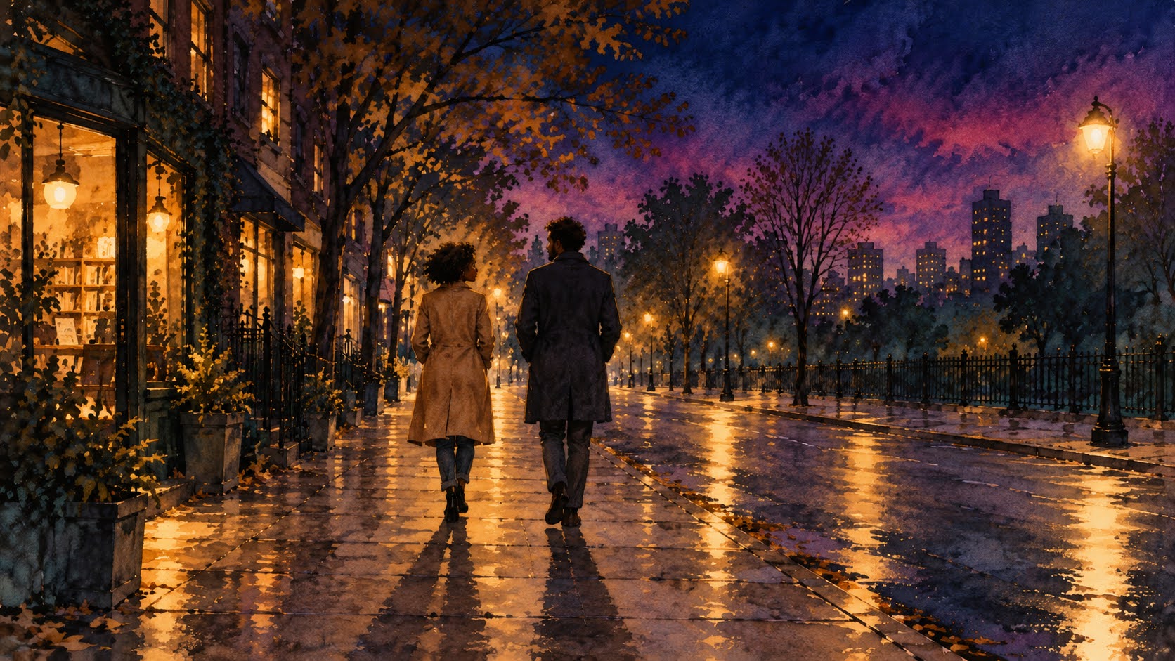 two people walking side by side on a sidewalk at dusk, same direction and same pace, their shadows running parallel