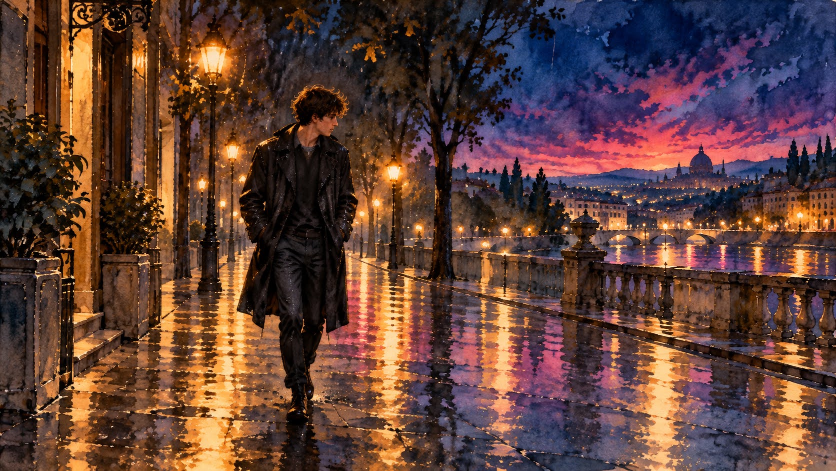 a young man walking alone through night rain without an umbrella, unhurried